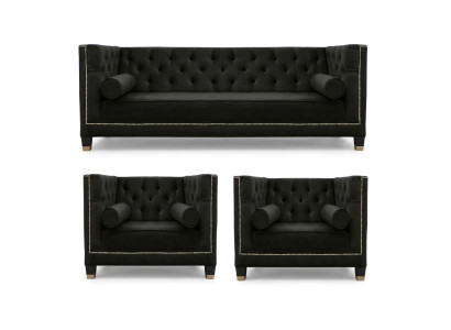 Black Living Room Sofa Set Chesterfield Armchair Three-seater 3-piece