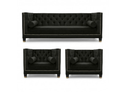 Black Living Room Sofa Set Chesterfield Armchair Three-seater 3-piece