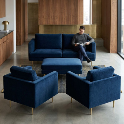 Sofa group seating armchair stool furniture textile fabric blue two-seater living room new