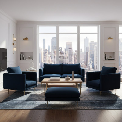 Sofa group seating armchair stool furniture textile fabric blue two-seater living room new