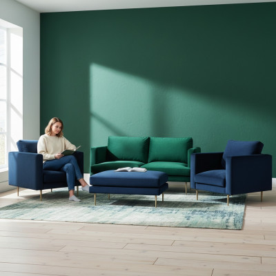 Green Sofa Set Ottoman Armchair Living Room Group Furniture Textile Fabric Sofas New