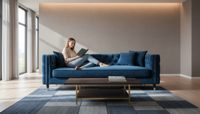Luxurious Blue Chesterfield Velvet Three-Seater Upholstered Furniture Hotel Living Room Practice