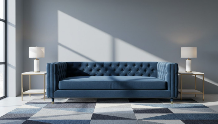 Luxurious Blue Chesterfield Velvet Three-Seater Upholstered Furniture Hotel Living Room Practice