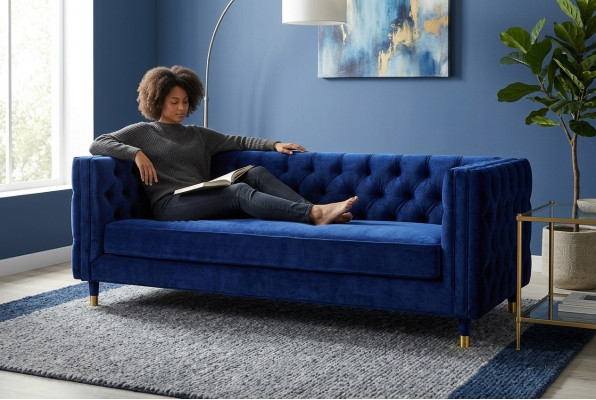 Blue Chesterfield Sofa Big Designer 4-Seater New Textile Fabric Couches