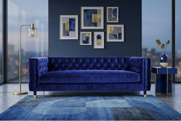 Blue Chesterfield Sofa Big Designer 4-Seater New Textile Fabric Couches