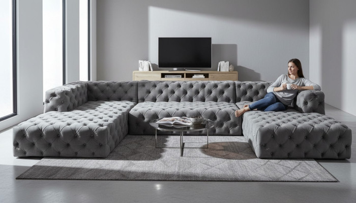 Chesterfield U-Shape Sofa Gray XXL Big Textile Fabric Couches Luxury Furniture Upholstered