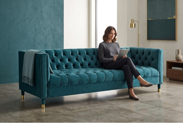 Chesterfield Sofa Blue Sofas Textile Fabric Couches Furniture 4-seater