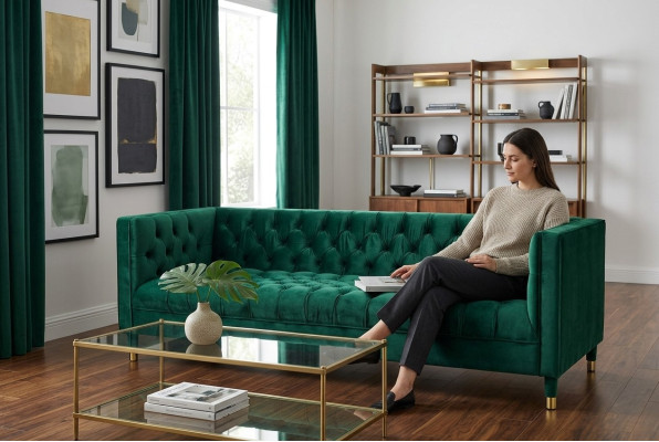 Green Chesterfield 4-seater luxury fabric sofa couches