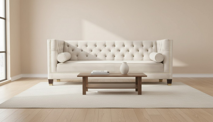 Luxury Beige Chesterfield Velvet Three-Seater Upholstered Furniture Hotel Living Room Practice