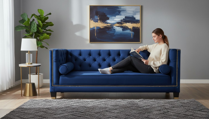 Blue Chesterfield three-seater fabric living room design couches