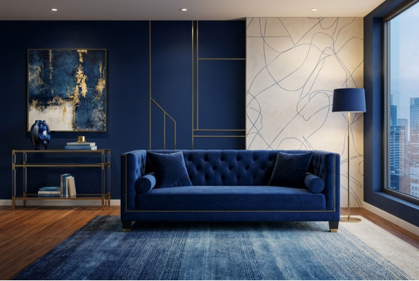 Blue Chesterfield three-seater fabric living room design couches