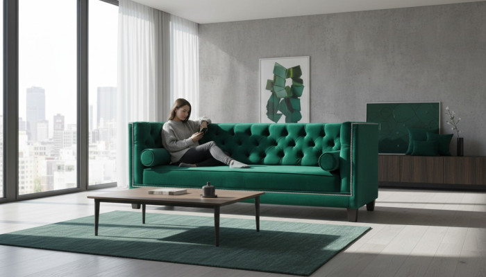 Luxury Green Chesterfield Velvet Three-Seater Upholstered Furniture Hotel Living Room Practice