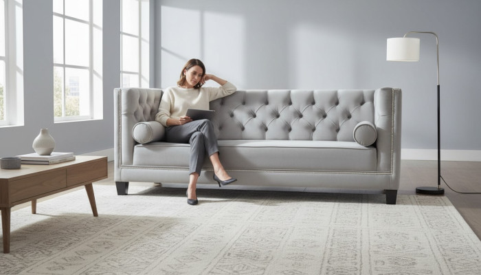 Luxury Gray Chesterfield Velvet Three-Seater Upholstered Furniture Hotel Living Room Practice