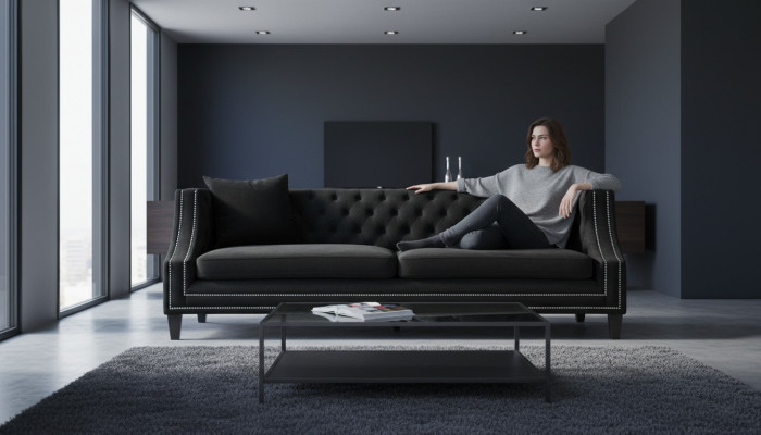 Luxury Black Fabric Sofa Three-Seater Upholstery Furniture Hotel Living Room Office Velvet