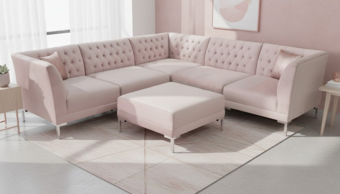 Pink sectional sofa ottoman Chesterfield sofas furniture XXL big textile fabric sofas 2-piece set