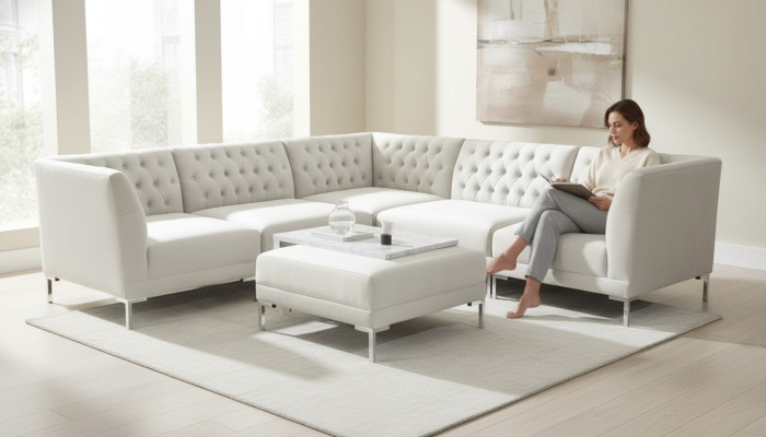 Sectional sofa with ottoman, cream white, large textile fabric, Chesterfield sofas, luxury furniture, 2-piece set.