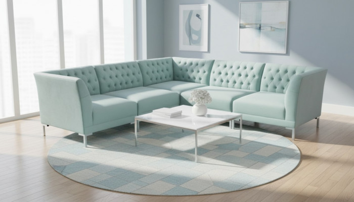 Turquoise Blue Corner Sofa Living Room Style Furniture Chesterfield Country House Set 2-piece.