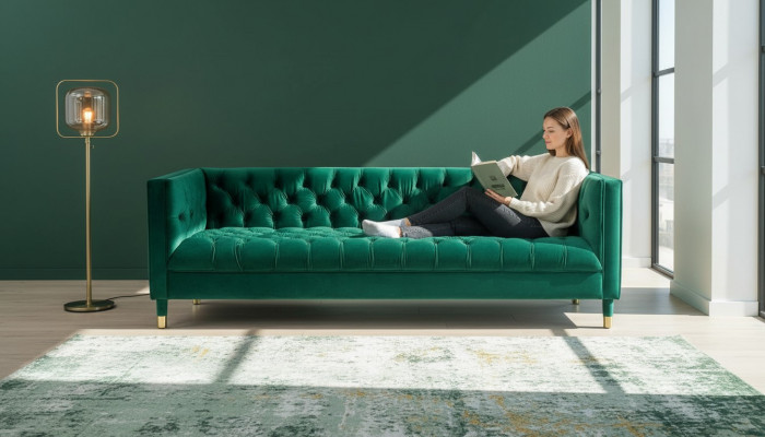 Green three-seater fabric Chesterfield design couch upholstered sofa living room 230cm