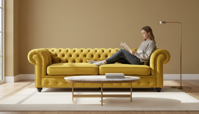 Yellow couch with buttons Chesterfield sofa upholstered seat couches sofas luxury new