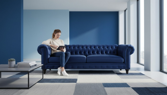Chesterfield Three-Seater Blue New Living Room Modern Creative Furniture Textile Fabric