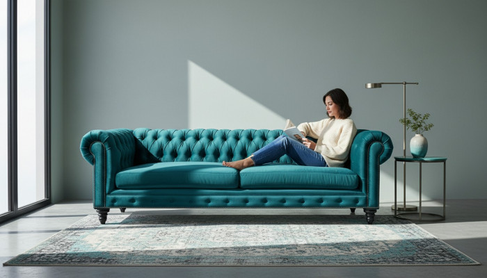 Chesterfield Three-Seater Creative Furniture Textile Fabric Blue-Green Living Room Modern