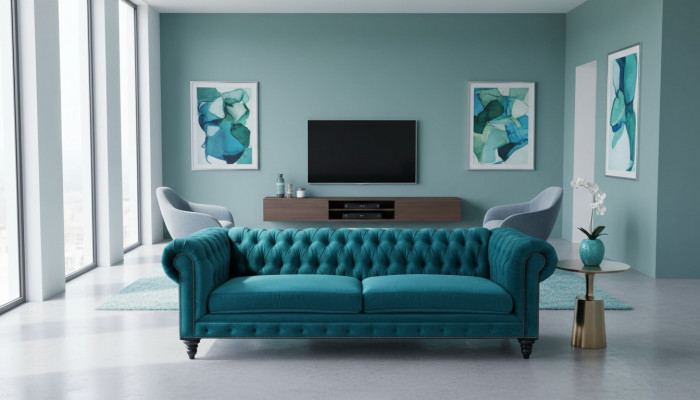 Chesterfield Three-Seater Creative Furniture Textile Fabric Blue-Green Living Room Modern