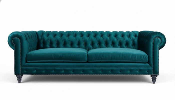Chesterfield Three-Seater Creative Furniture Textile Fabric Blue-Green Living Room Modern