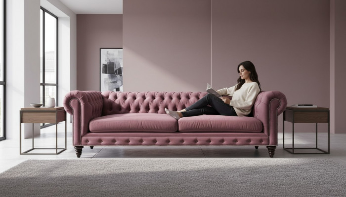 Chesterfield Creative Furniture Textile Fabric Pink Sofa Living Room Modern Three-Seater