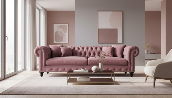 Chesterfield Creative Furniture Textile Fabric Pink Sofa Living Room Modern Three-Seater