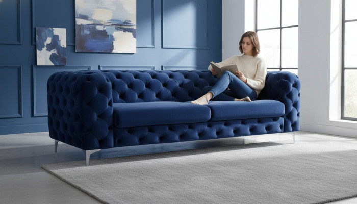 Chesterfield Three-Seater Blue Sofa Living Room Modern Velvet Furniture Textile Fabric New
