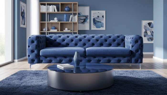 Chesterfield Three-Seater Blue Sofa Living Room Modern Velvet Furniture Textile Fabric New