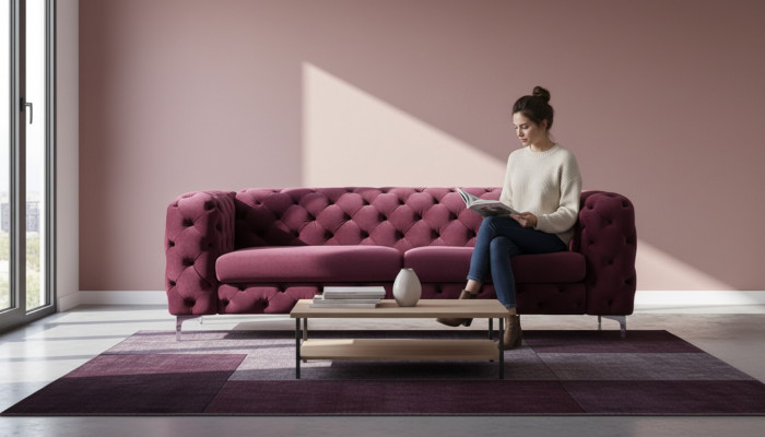 Chesterfield Sofa Three-Seater Burgundy Creative Furniture Textile Fabric Living Room New