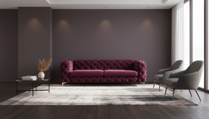 Chesterfield Sofa Three-Seater Burgundy Creative Furniture Textile Fabric Living Room New