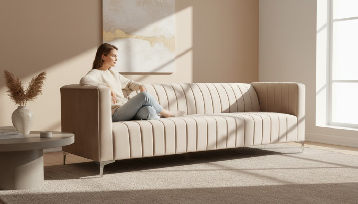 Beige three-seater fabric living room design couches upholstered sofa sofas beige velvet