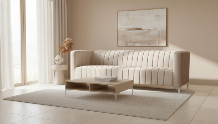Beige three-seater fabric living room design couches upholstered sofa sofas beige velvet