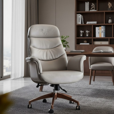 Office chair beige leather stainless steel study office furniture luxury decor new