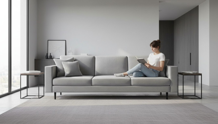 Grey fabric upholstered sofa living room design couches sofas new textile four-seater