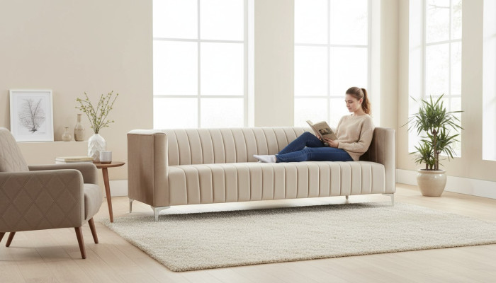 Beige three-seater fabric living room design couches upholstered sofa sofas textile couch