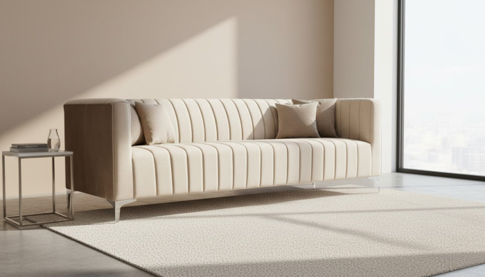 Beige three-seater fabric living room design couches upholstered sofa sofas textile couch
