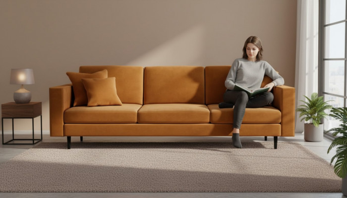 Orange fabric upholstered sofa living room design couches sofas XXL big 4-seater new