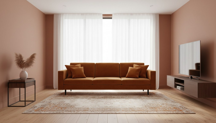 Orange fabric upholstered sofa living room design couches sofas XXL big 4-seater new
