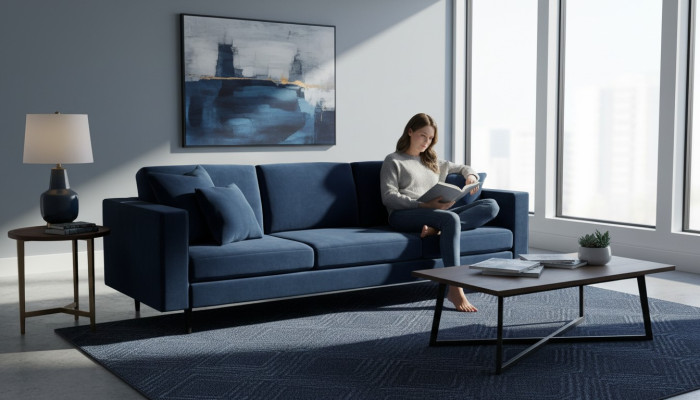 Blue four-seater fabric living room design couches upholstery sofa sofas velvet couches