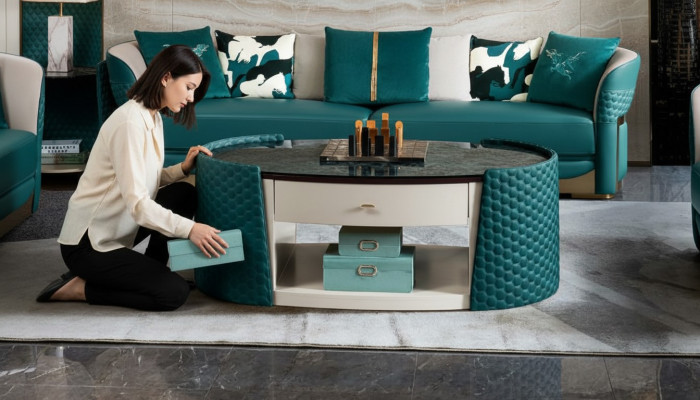Coffee table wood leather turquoise oval modern design furniture luxury living room 140x83