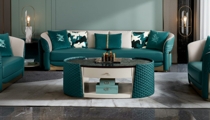 Coffee table wood leather turquoise oval modern design furniture luxury living room 140x83