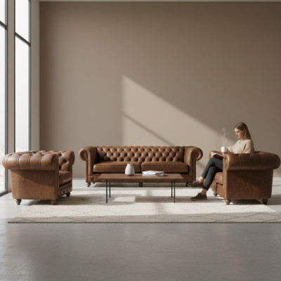 Brown Chesterfield+2 Armchairs Leather Sofas Creative Furniture New Living Room Sofa