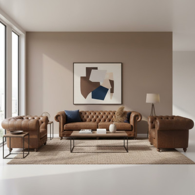 Brown Chesterfield+2 Armchairs Leather Sofas Creative Furniture New Living Room Sofa