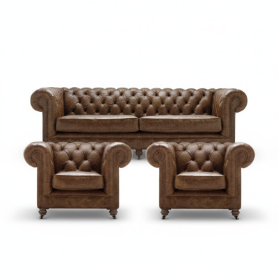 Brown Chesterfield+2 Armchairs Leather Sofas Creative Furniture New Living Room Sofa