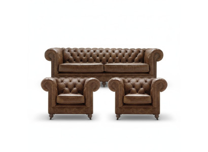 Brown Chesterfield+2 Armchairs Leather Sofas Creative Furniture New Living Room Sofa