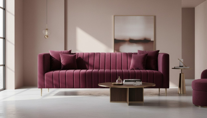 Burgundy Sofa Three-seater Fabric Living Room Design Couches Upholstery Modern Bordeaux