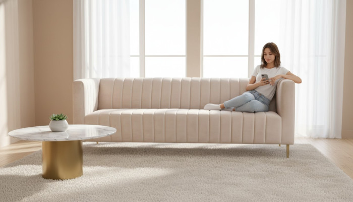 Beige three-seater sofa fabric upholstery living room design couches sofas new modern